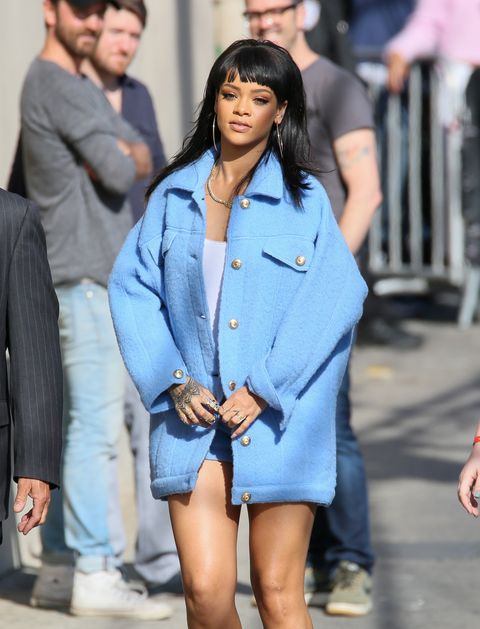 Rihanna Wears an Oversized Blue Blazer, Short Shorts, and Pearls in NYC