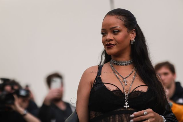 rihanna's maternity look with top and skirt with crystals