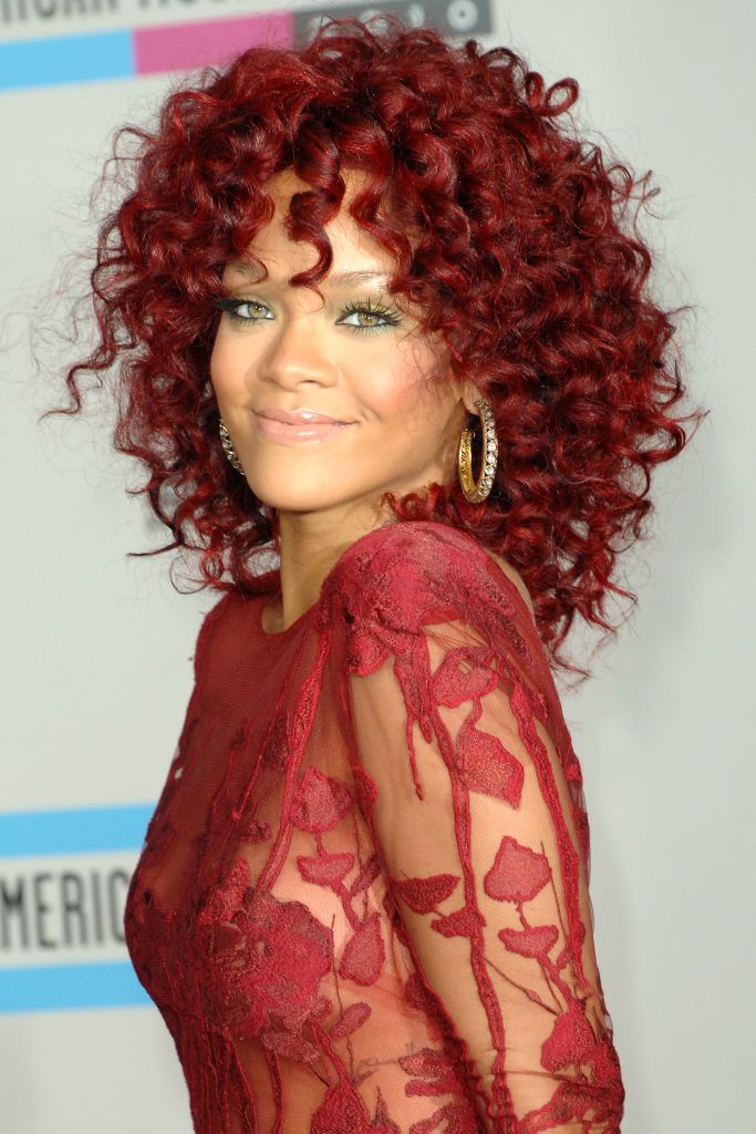 rihanna red hair bangs