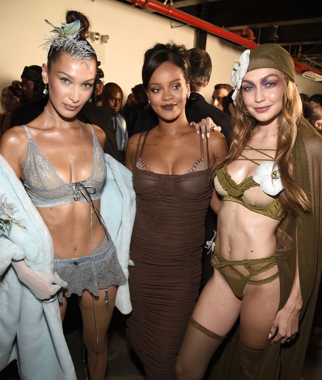 brooklyn, ny   september 12  bella hadid, rihanna and gigi hadid pose backstage for the savage x fenty fallwinter 2018 fashion show during nyfw at the brooklyn navy yard on september 12, 2018 in brooklyn, ny  photo by kevin mazurgetty images for savage x fenty