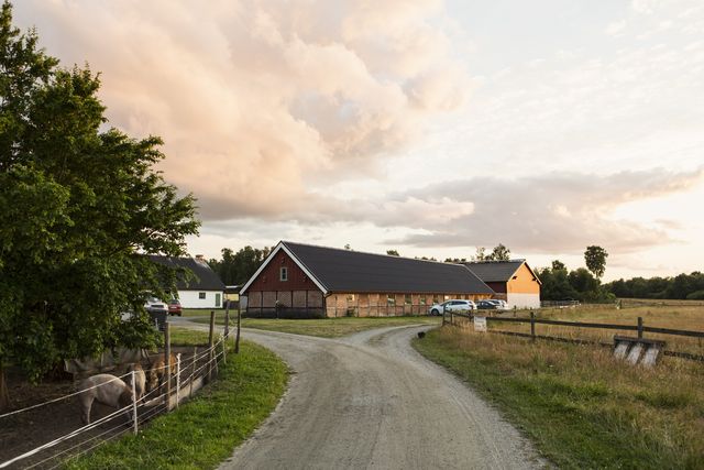 road leading towards barn against sky at farm