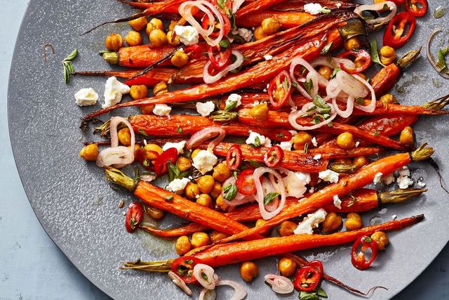 roasted carrots and chickpeas with marinated feta
