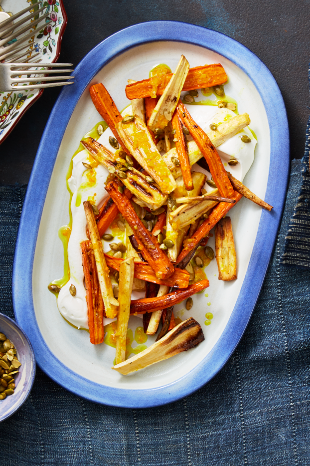 Roasted Carrots and Parsnips with Yogurt and Turmeric Vinaigrette