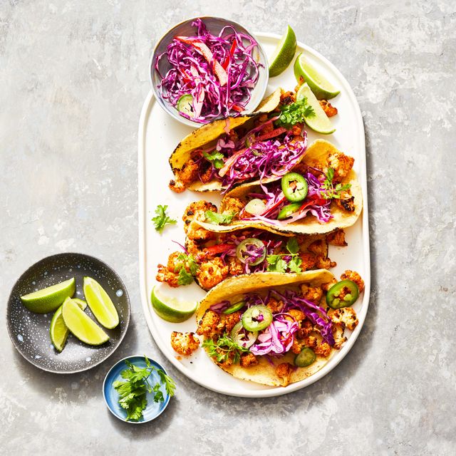 roasted cauliflower tacos with quick spicy vegan slaw