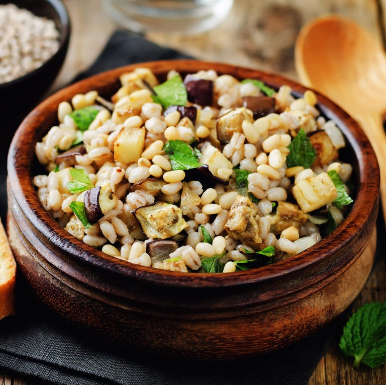 Roasted eggplant pine nuts mint barley salad