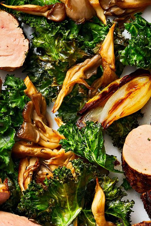 a close up of roasted kale and mushrooms