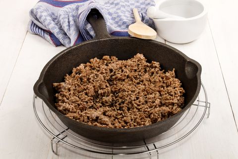 roasted pork mince with crushed peppercorns in a cast iron pan