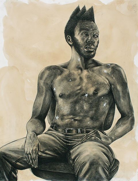 a charcoal and pencil image of a man with stars on his skin