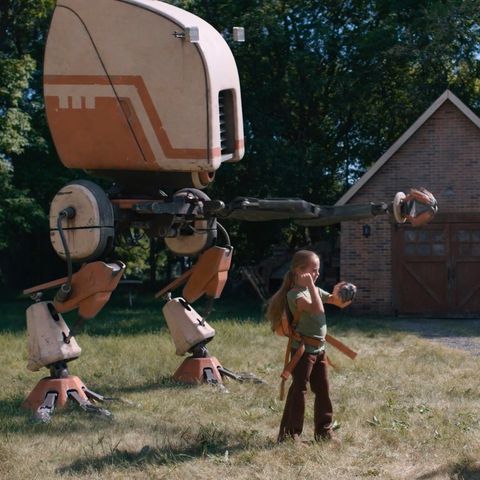 in this image from tales from the loop, a young girl practices boxing with a robot