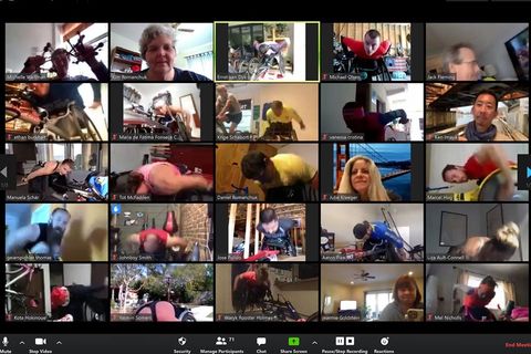 a picture of the zoom call used to host the virtual wheelchair boston marathon event with such elites as daniel romanchuk, tatyana mcfadden, aaron pike, marcel hug, and manuela schär