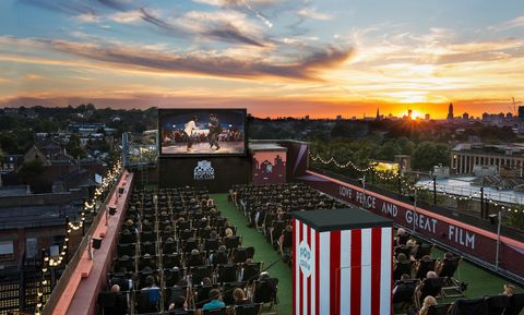 Rooftop Cinema Film Club at sunset for Belt and Braces PR at Bussey Building, Peckham, London, Britain on 23 August 2016.