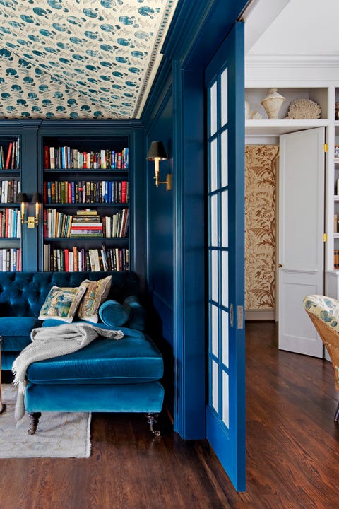 home library designed by jeannette whitson shelves painted ball hague blue