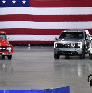 dearborn, mi may 18, 2021 president joe biden spoke today at the rouge electric vehicle center in dearborn, mich, manufacturing home of the all new, all electric ford f 150 lightning that goes on sale in mid 2022 the f 150 lightning will be officially revealed wednesday, may 19, 2021, at 930 pm edt photo by sam varnhagen