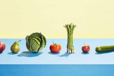 A row of different fruit and vegetables