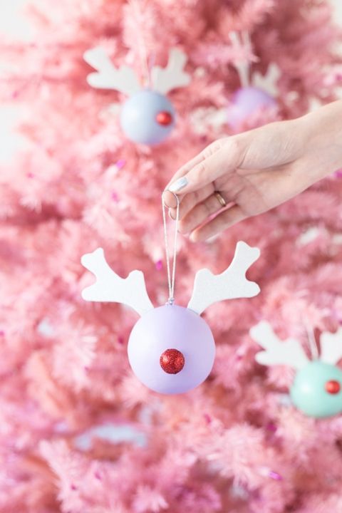 rudolph diy christmas ornament with pink tree background