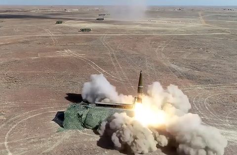 russia's iskanderm launchers firing missiles during tsentr2019 military exercise