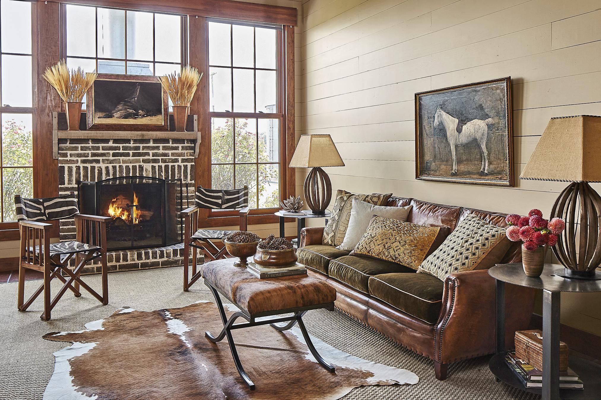 living room with rustic hardwood