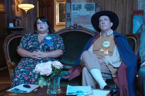 jana schmieding as reagan wells and ed helms as nathan rutherford in rutherford falls