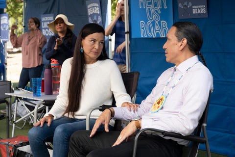 kimberly guerrero as renee thomas and michael greyeyes as terry thomas in rutherford falls