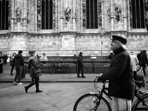 People, Black, Black-and-white, Bicycle, Monochrome, Street, Snapshot, Standing, Architecture, Human, 