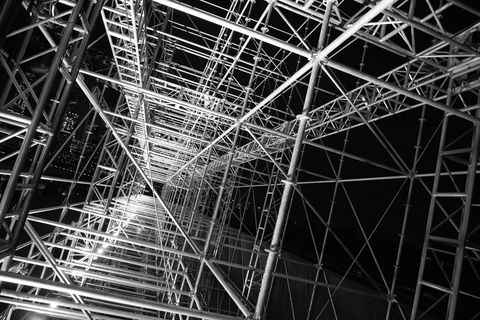Scaffolding, Line, Architecture, Black-and-white, Electricity, Metal, Steel, Monochrome photography, Pattern, Tower, 