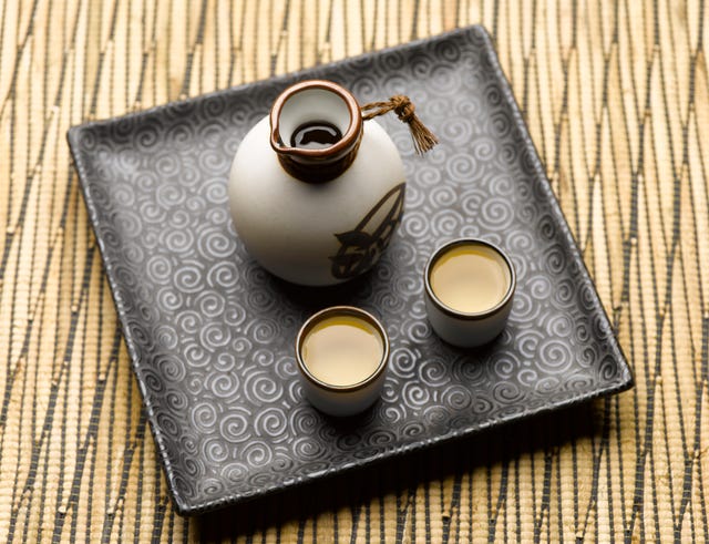 sake set on tray, elevated view