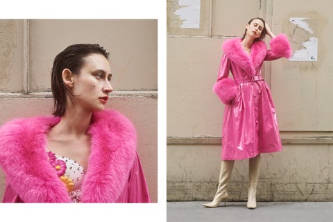 Pink, Clothing, Fur, Magenta, Dress, Outerwear, Fashion, Textile, Robe, Sleeve, 