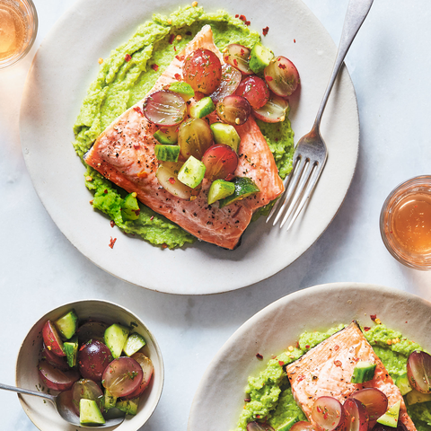 best salmon recipes salmon with broccolipea puree and cucumber salsa