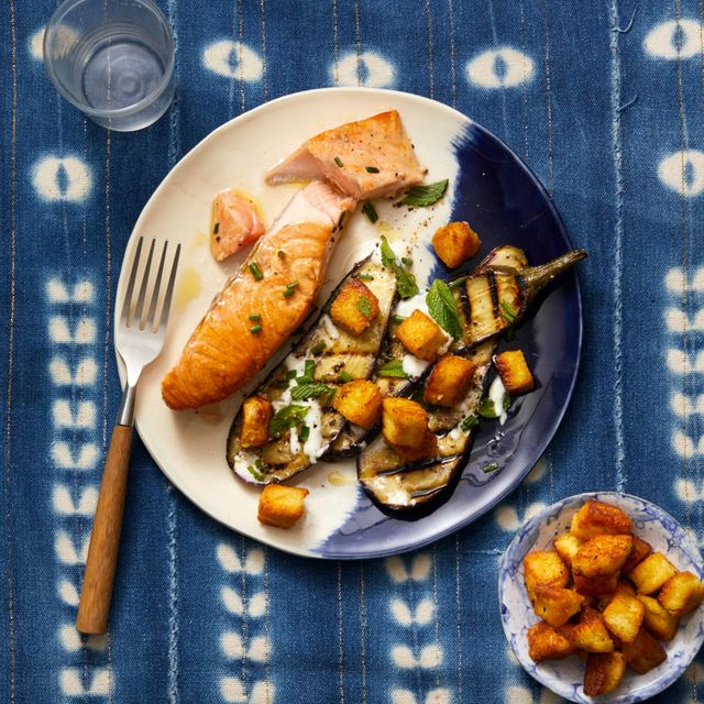 salmon with grilled eggplant and chickpea croutons
