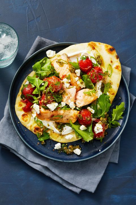 air fryer salmon flatbreads with green salad on the side