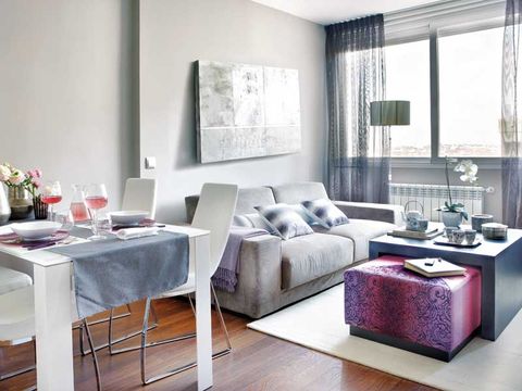 Furniture, Living room, Room, Interior design, Property, Coffee table, Table, Building, Floor, Purple, 