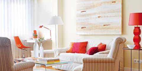 Furniture, Living room, Room, Interior design, Orange, Red, Floor, Property, Product, Yellow, 