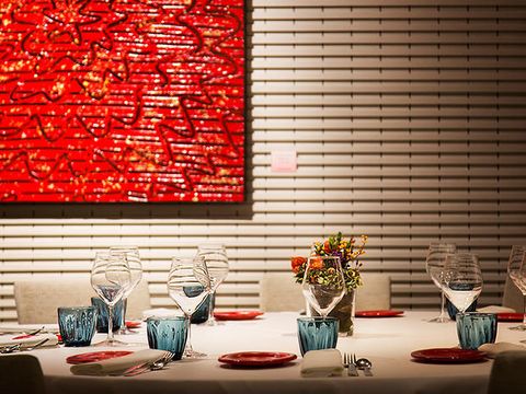 Red, Interior design, Orange, Room, Window covering, Wall, Window treatment, Wallpaper, Table, Textile, 
