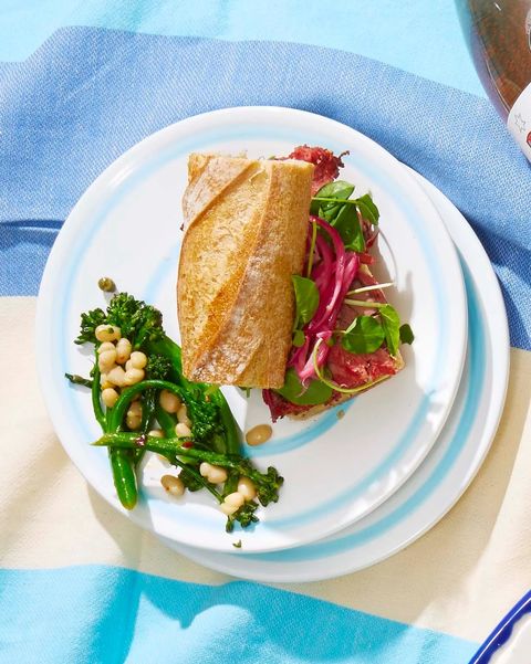 roast beef baguette sandwiches on plates on a blue and yellow picnic blanket