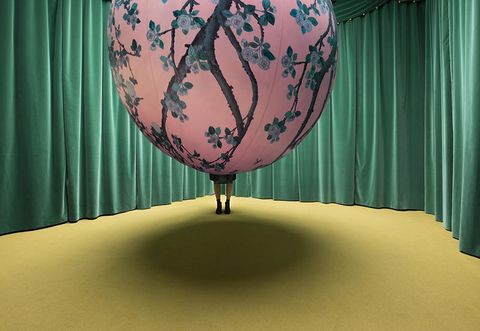 Pink, Interior design, Curtain, Turquoise, Textile, Room, Lampshade, Tree, Lighting accessory, Window treatment, 