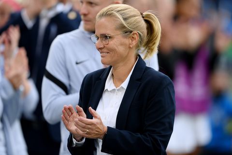 sheffield, england   july 26 sarina wiegman, manager of england applauds during the uefa womens euro 2022 semi final match between england and sweden at bramall lane on july 26, 2022 in sheffield, england photo by mike hewittgetty images