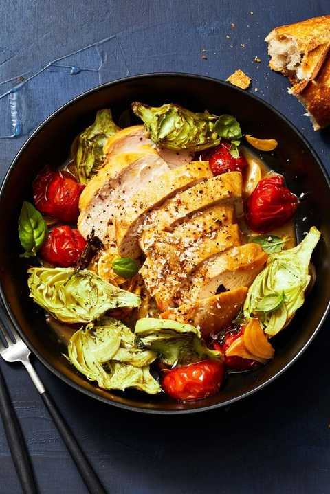 sautéed chicken and tomatoes with roasted artichokes and tomatoes