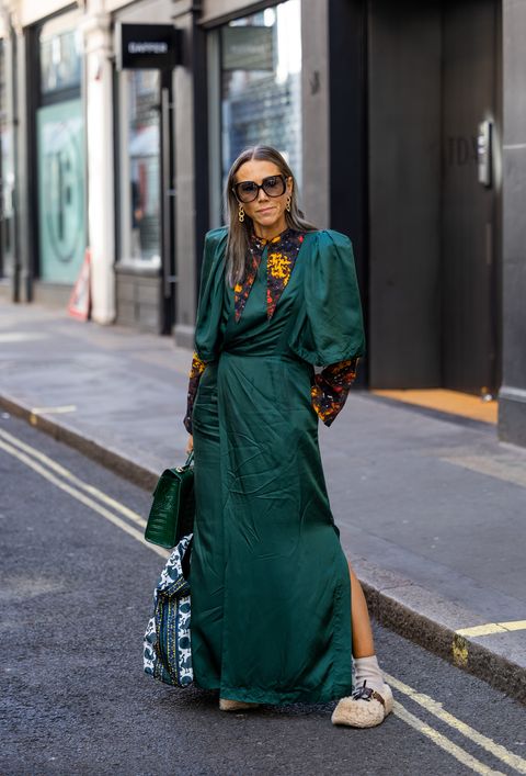 london, england september 17 a guest wears green dress outside eudon choi during london fashion week september 2022 on september 17, 2022 in london, england photo by christian vieriggetty images