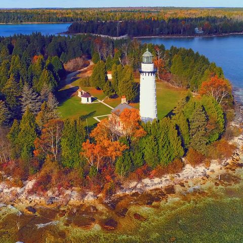 scenic cana island lighthouse, door county, wisconsin, aerial flyby