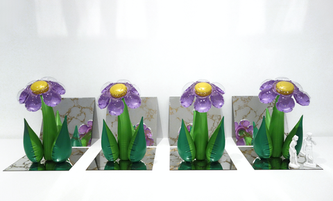 jeff koons, inflatable flowers four tall purple with plastic  figures, 1978