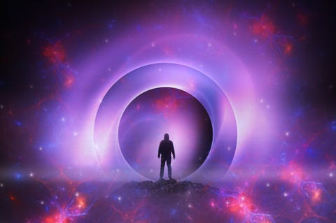 could ufos be time traveling humans a science fiction, mystical concept of a mysterious hooded figure silhouetted against a glowing universe of energy