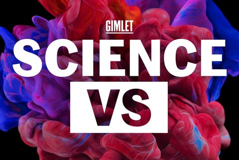 science vs in white text with the word gimlet above it and red and purple swirls in the background