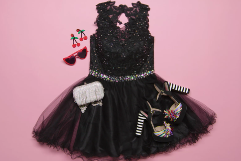 Pink, Black, Clothing, Dress, Costume design, Fashion, Gothic fashion, Outerwear, Costume, Gown, 