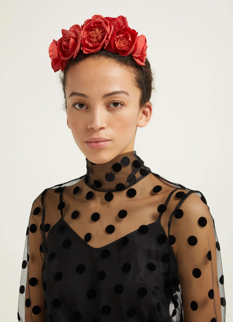 Hair, Polka dot, Red, Pattern, Hairstyle, Beauty, Hair accessory, Headpiece, Fashion, Pink, 