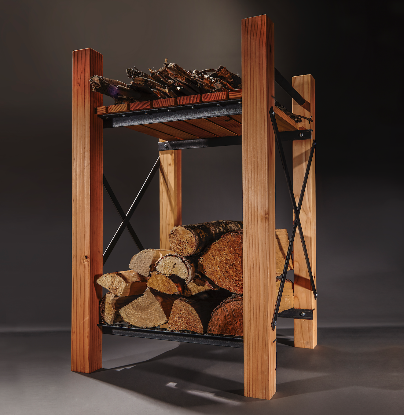 indoor firewood rack with tools