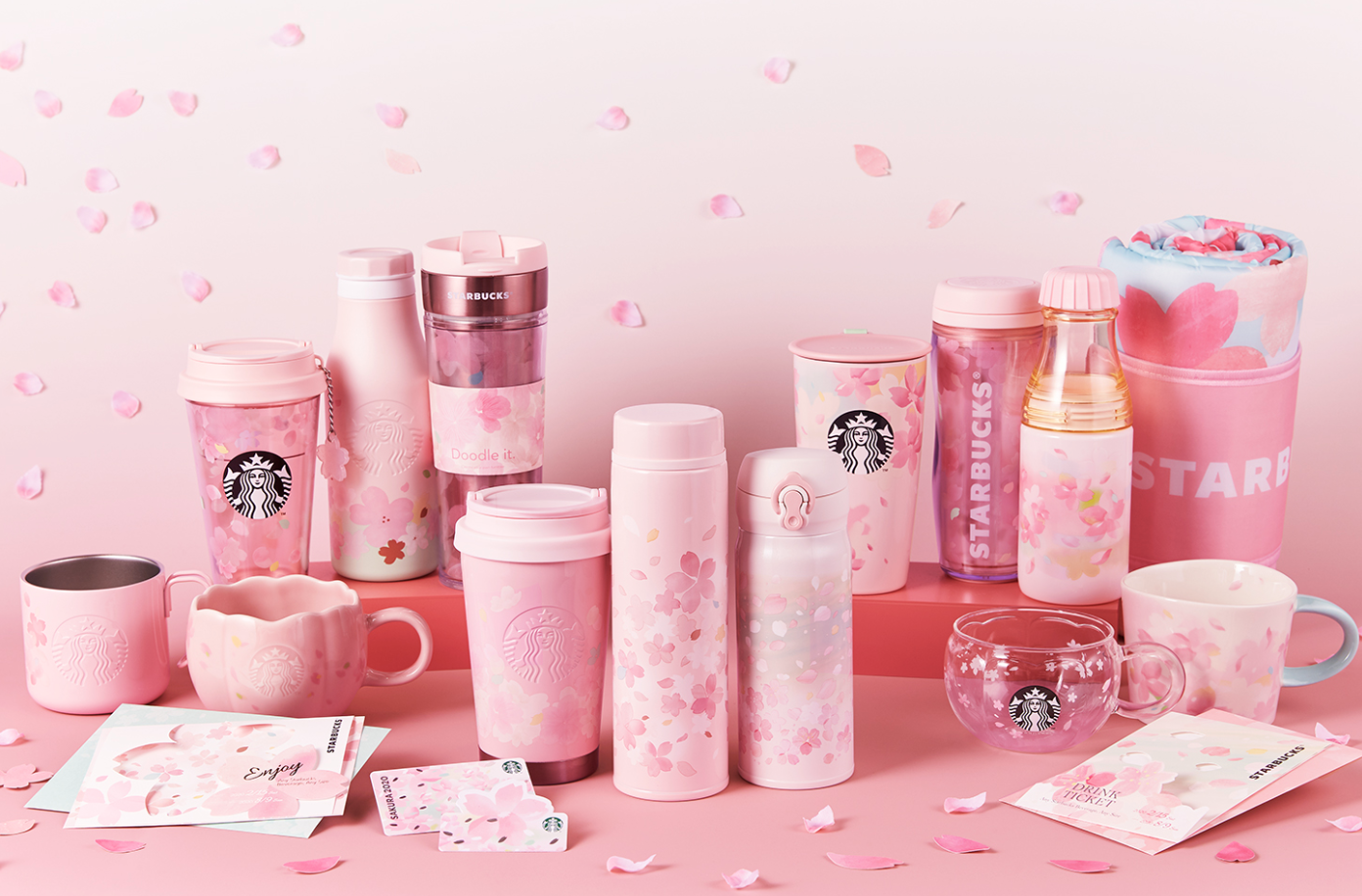 Japan Starbucks Pink Sakura Glass Cup w/ Stir Rod Coaster Coffee Mug Halloween
