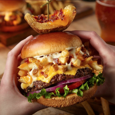 Tgi Fridays New Loaded Cheese Fry Burger Is Topped With A Loaded Potato Skin And Queso