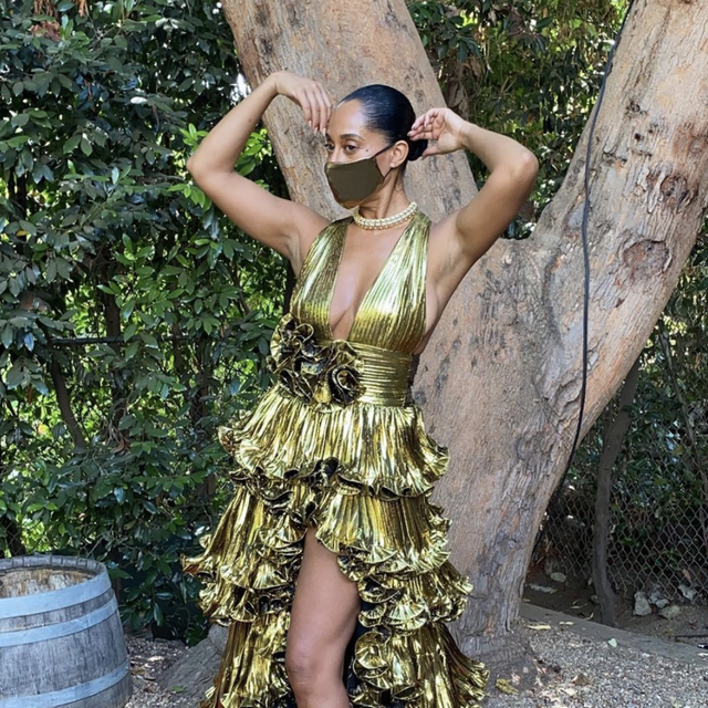Tracee Ellis Ross Wears a Tiered Gold Gown at Emmy Awards 2020