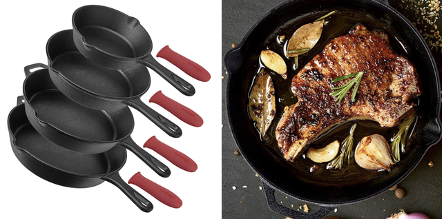 amazon set of four sizes cast iron skillets with red heat resistant handles