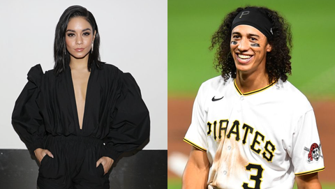 a side by side of vanessa hudgens in a black outfit and baseball player cole tucker in his uniform